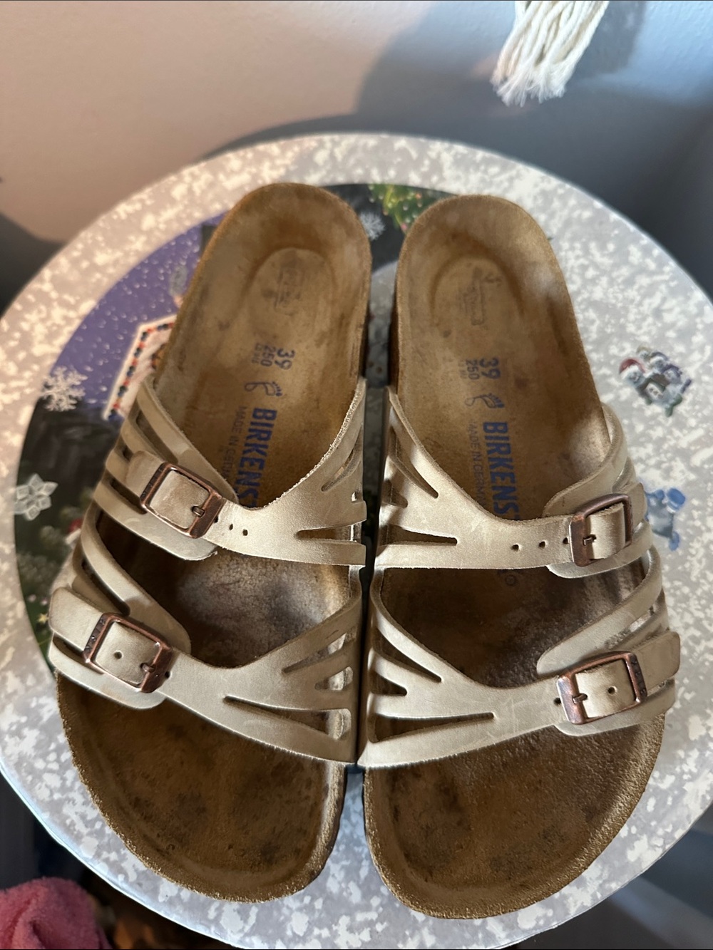 Birkenstock Metallic Beige Triple-Strap Slide Sandals